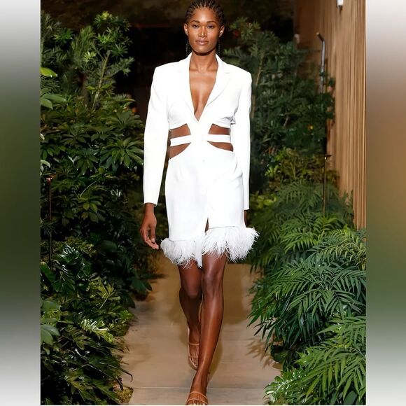 PATBO Feather Trim Cut-Out Mini Dress. White. Brand New! Sold Out Everywhere. - Picture 2 of 10